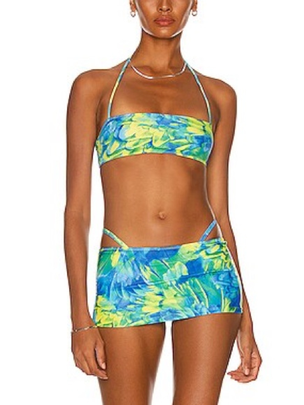 MELISSA SIMONE Enita Bikini Top Kyra Thong Bottom & Skirt in Blue & Green Floral